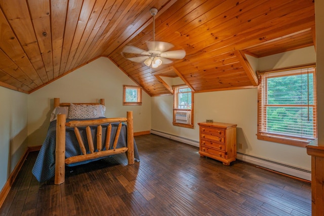 bedroom with lofted ceiling, dark wood-style flooring, baseboard heating, and wooden ceiling