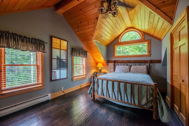 bedroom featuring lofted ceiling with beams, multiple windows, and baseboard heating