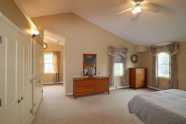 bedroom featuring light carpet, a baseboard heating unit, and lofted ceiling