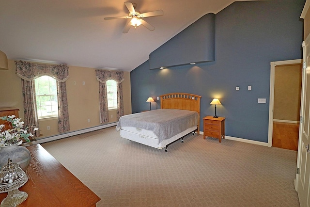 carpeted bedroom featuring lofted ceiling, a baseboard heating unit, and ceiling fan