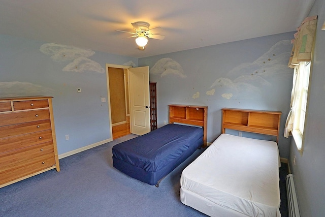 carpeted bedroom with a baseboard radiator and ceiling fan