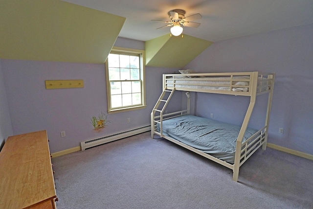 bedroom featuring ceiling fan, a baseboard radiator, lofted ceiling, and carpet flooring