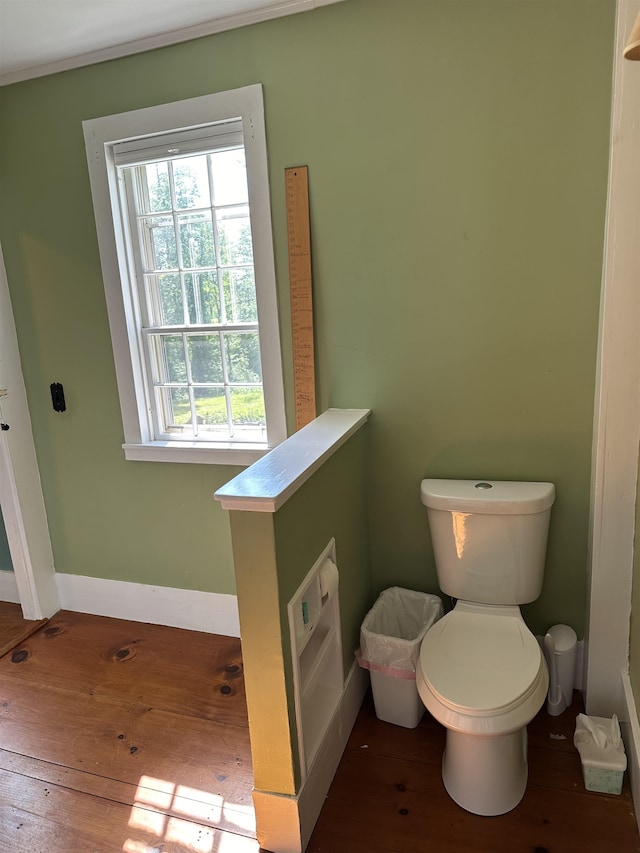 bathroom with toilet and hardwood / wood-style flooring