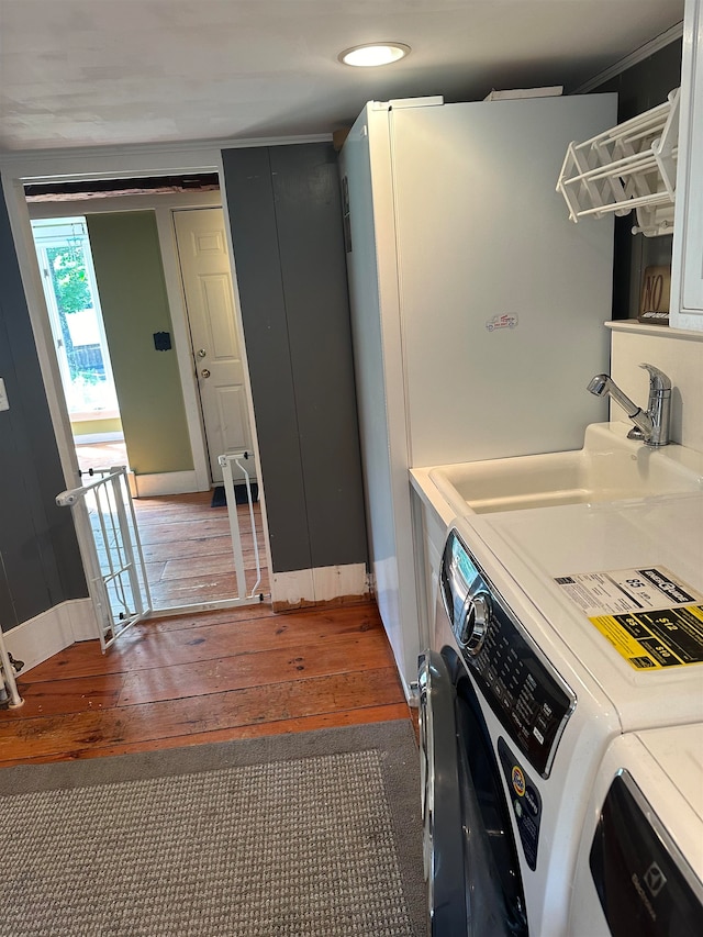 laundry room featuring sink and dark hardwood / wood-style flooring