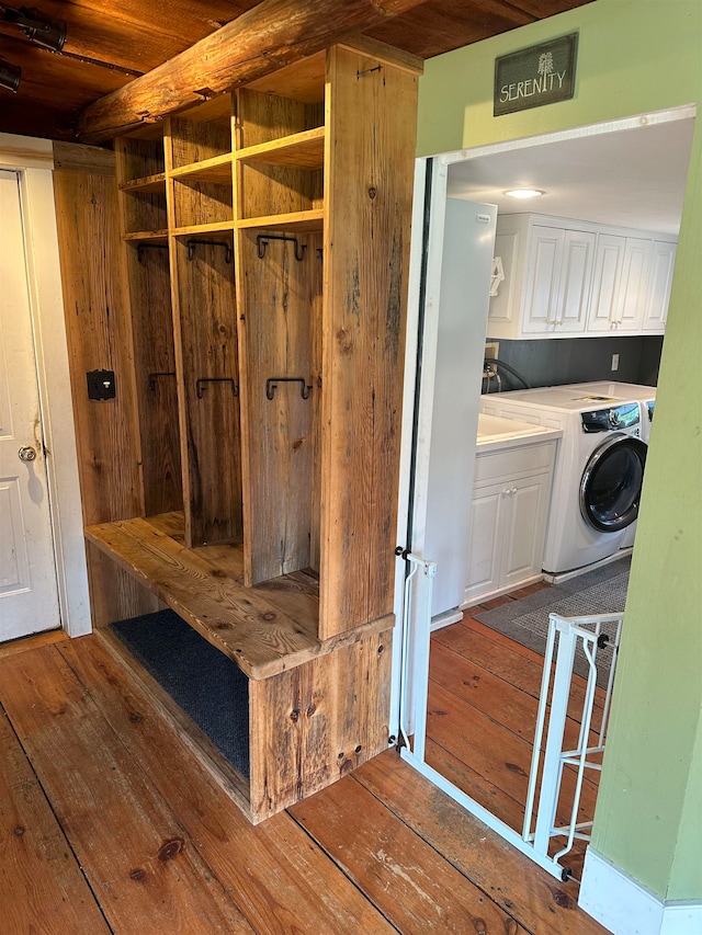 mudroom featuring hardwood / wood-style floors and beamed ceiling