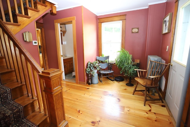 living area with wood-type flooring and crown molding