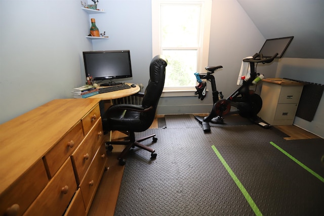 office space with lofted ceiling