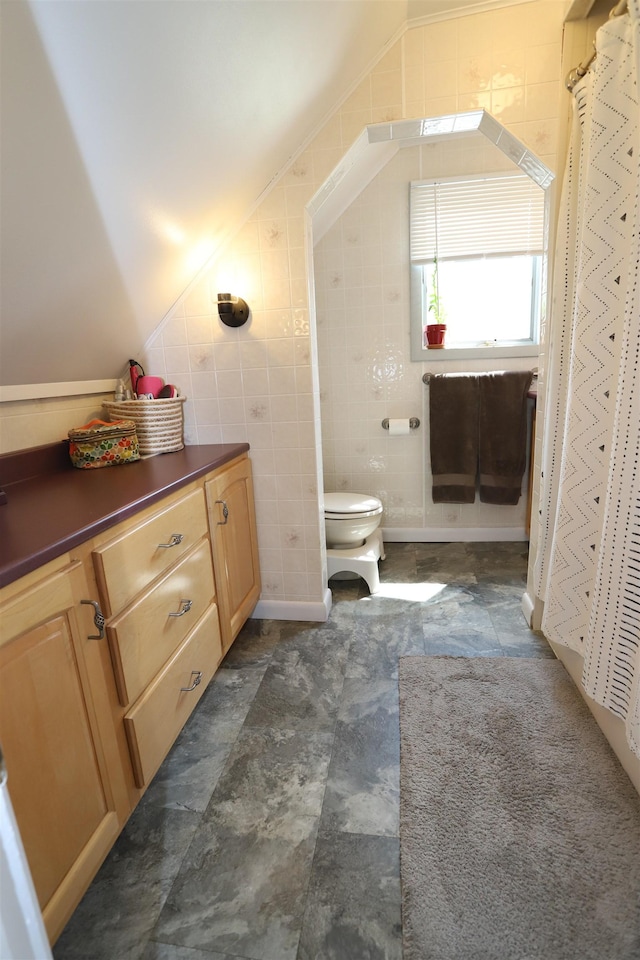 bathroom featuring tile walls, vanity, and toilet