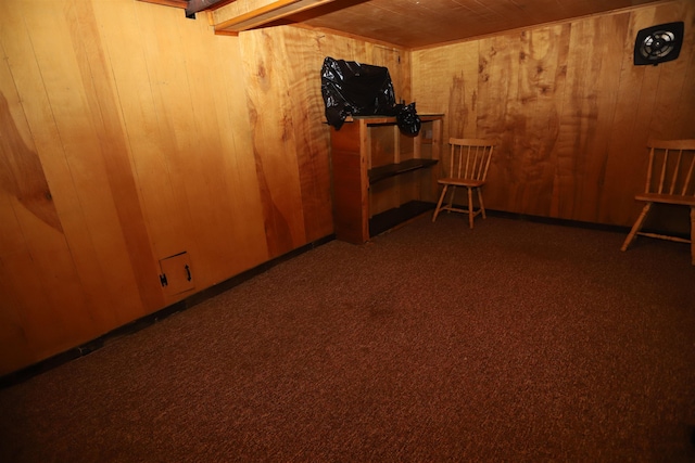 workout room featuring dark colored carpet and wood walls