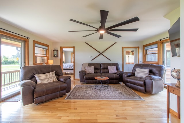 living room with ceiling fan and light hardwood / wood-style flooring