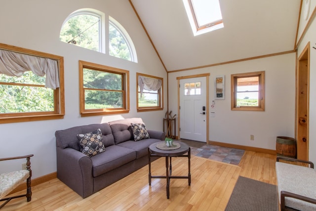 living room featuring a skylight, plenty of natural light, light hardwood / wood-style floors, and high vaulted ceiling