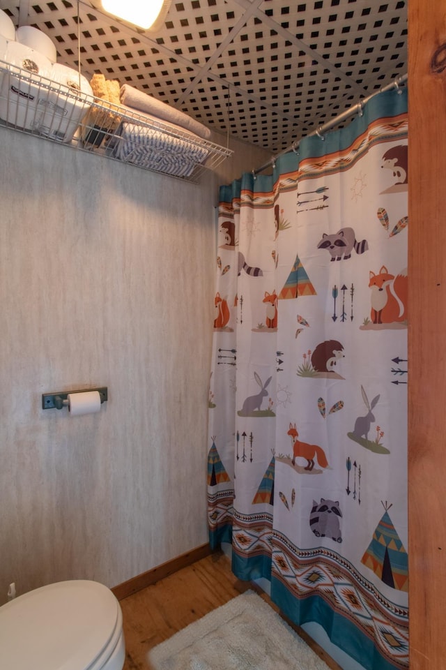 bathroom featuring a shower with curtain, wood-type flooring, and toilet