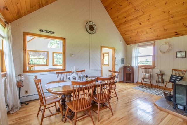 dining room featuring wood ceiling, light hardwood / wood-style flooring, high vaulted ceiling, and baseboard heating