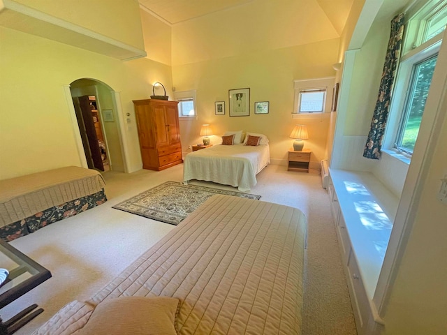 carpeted bedroom featuring a high ceiling and multiple windows