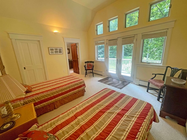 carpeted bedroom featuring french doors, access to outside, vaulted ceiling, and a baseboard radiator