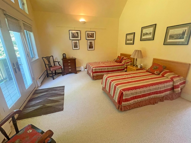 bedroom featuring carpet flooring, a baseboard heating unit, access to exterior, and vaulted ceiling