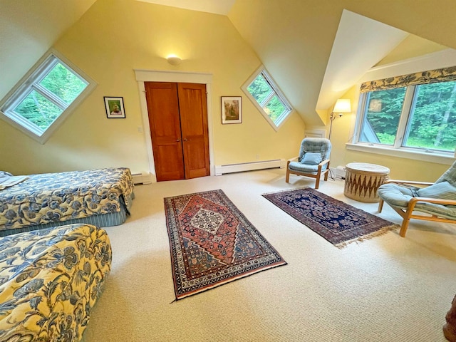 bedroom featuring multiple windows, carpet floors, a baseboard radiator, and vaulted ceiling