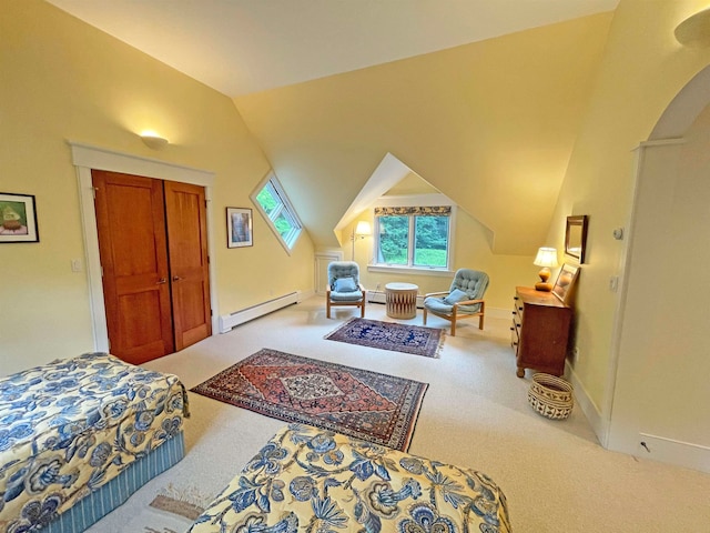 bedroom with carpet, a baseboard radiator, a closet, and lofted ceiling