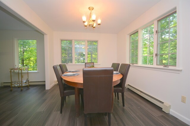 dining area with a baseboard radiator, a chandelier, a healthy amount of sunlight, and dark wood-type flooring