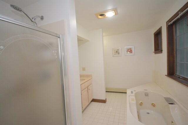 bathroom with vanity and plus walk in shower