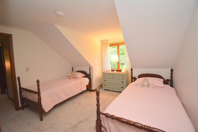 bedroom featuring light carpet, vaulted ceiling, and a baseboard radiator