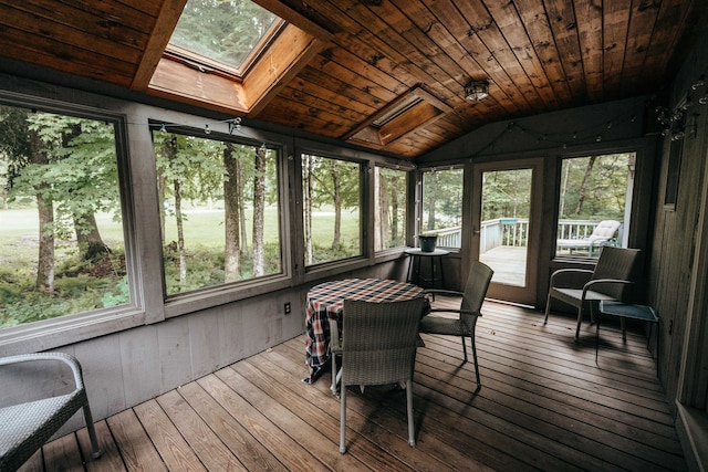 sunroom featuring wood ceiling, plenty of natural light, and lofted ceiling with skylight