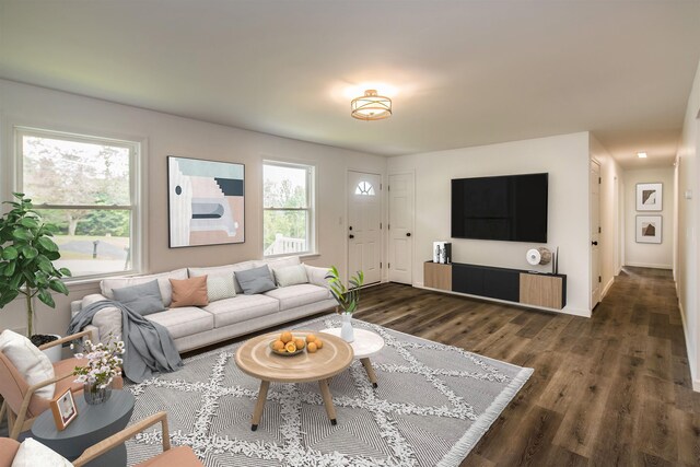 living room featuring dark wood finished floors and baseboards