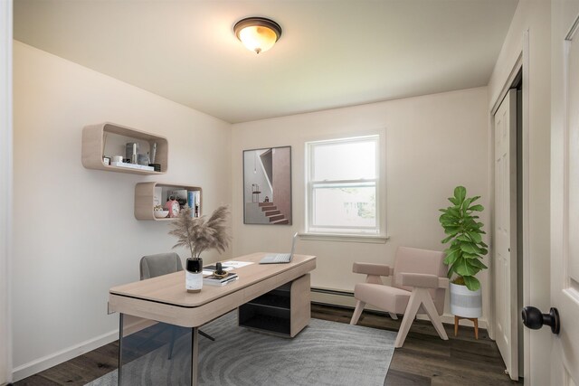 office with dark wood-type flooring and baseboards