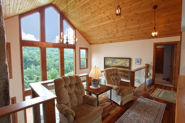 living room featuring high vaulted ceiling, dark hardwood / wood-style floors, wooden ceiling, and a chandelier