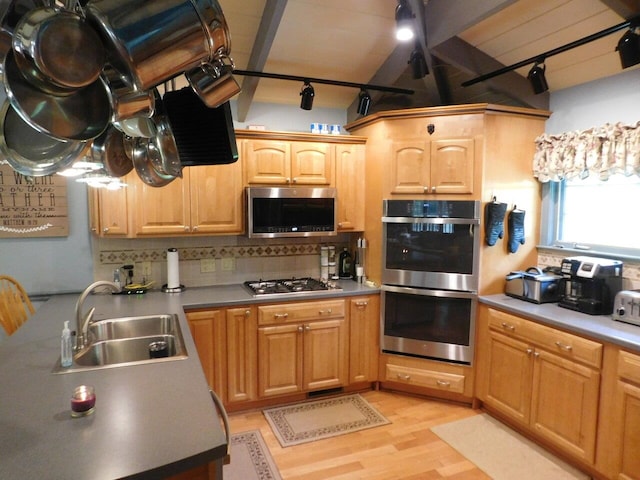 kitchen with tasteful backsplash, appliances with stainless steel finishes, light hardwood / wood-style floors, and sink