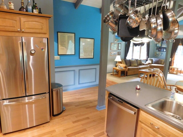 kitchen with appliances with stainless steel finishes, sink, and light hardwood / wood-style flooring