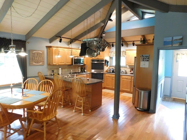 kitchen with tasteful backsplash, appliances with stainless steel finishes, a healthy amount of sunlight, and kitchen peninsula