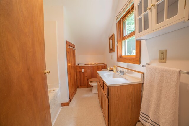 bathroom featuring toilet, vanity, and lofted ceiling