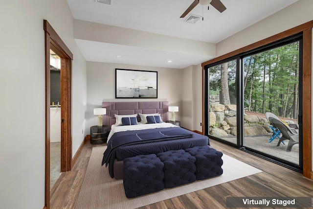 bedroom featuring hardwood / wood-style floors, access to outside, and ceiling fan