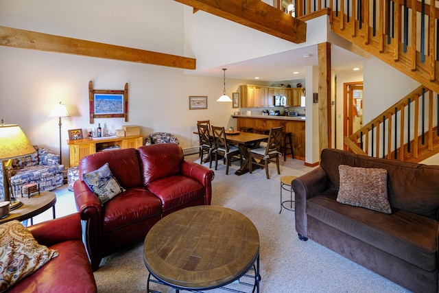 living room featuring light colored carpet, stairway, high vaulted ceiling, beam ceiling, and recessed lighting