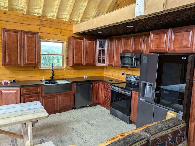 kitchen with sink, wooden walls, and stainless steel appliances