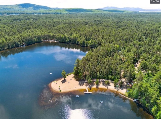 drone / aerial view featuring a water and mountain view and a wooded view