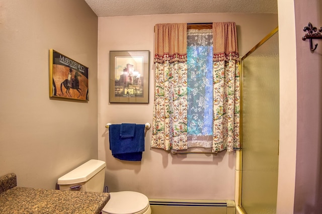 bathroom with a baseboard radiator, toilet, a shower with door, and a textured ceiling