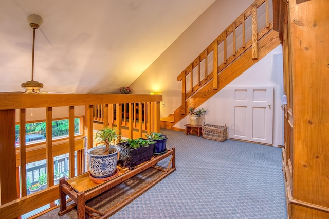 carpeted living room with lofted ceiling