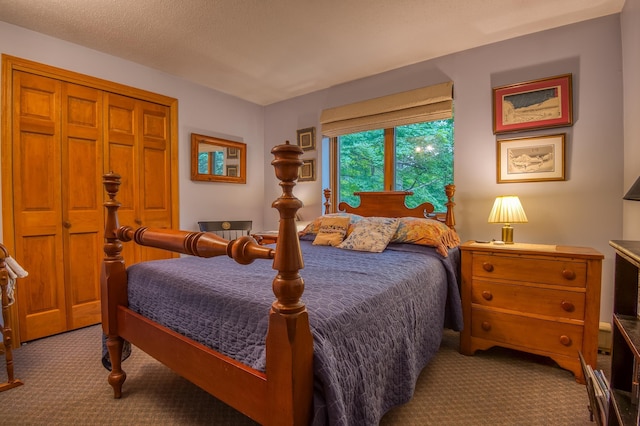 carpeted bedroom with a closet and a textured ceiling