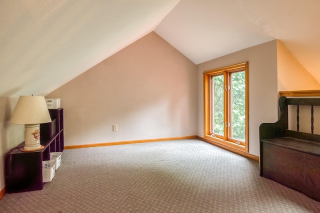 additional living space featuring lofted ceiling and carpet floors