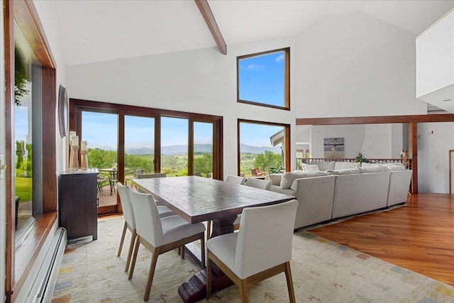 dining space with a baseboard heating unit, high vaulted ceiling, a mountain view, and light hardwood / wood-style flooring