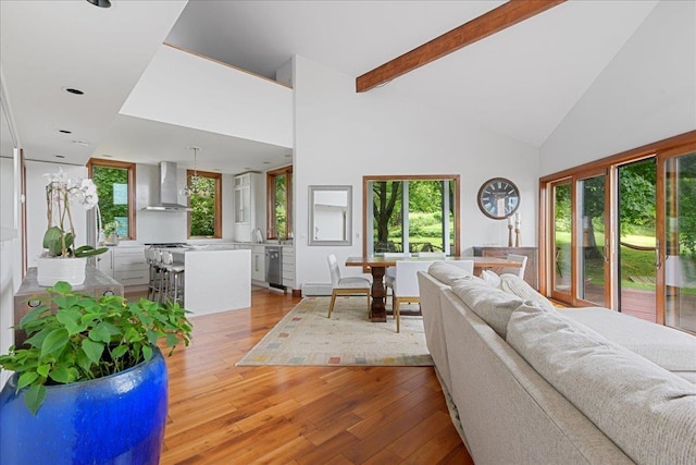 living room with light hardwood / wood-style floors, high vaulted ceiling, and a healthy amount of sunlight