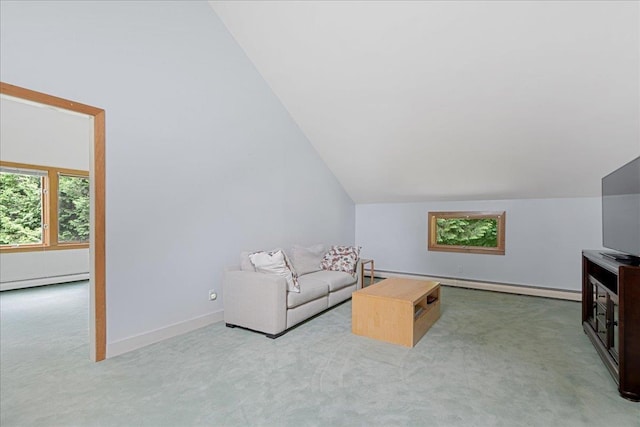 carpeted living room with vaulted ceiling and a baseboard radiator