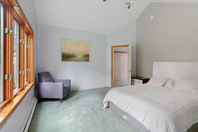 carpeted bedroom featuring high vaulted ceiling and a baseboard radiator