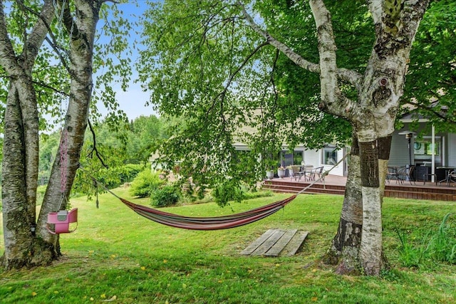 view of yard with a wooden deck