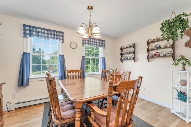 dining room featuring a notable chandelier, light wood-type flooring, and a healthy amount of sunlight