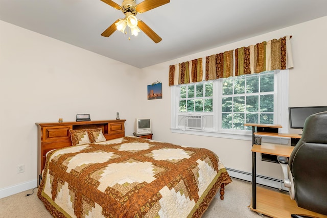 bedroom featuring cooling unit, light carpet, ceiling fan, and baseboards