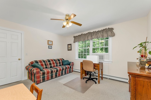 carpeted home office with ceiling fan, baseboard heating, and cooling unit