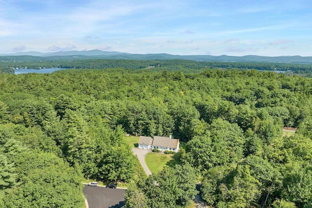 drone / aerial view with a forest view and a water and mountain view